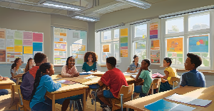 A diverse group of students in a bright classroom discussing critical thinking concepts, with educational posters and a whiteboard.