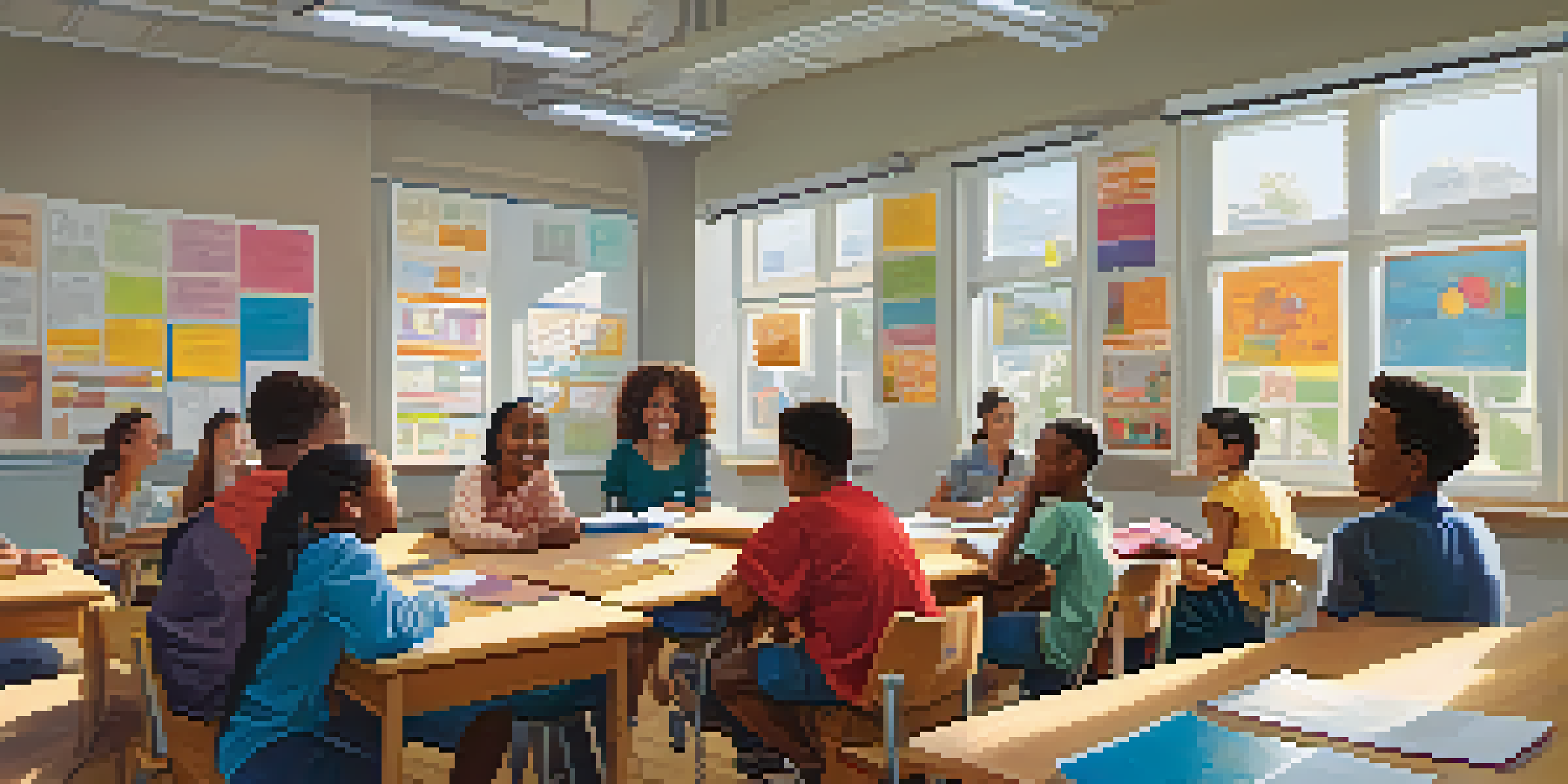 A diverse group of students in a bright classroom discussing critical thinking concepts, with educational posters and a whiteboard.