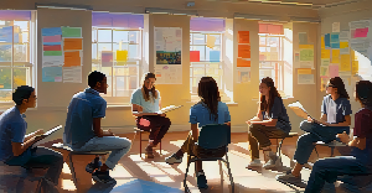 Students in a circle discussing ideas in an open classroom, with colorful posters and sunlight creating a warm atmosphere.