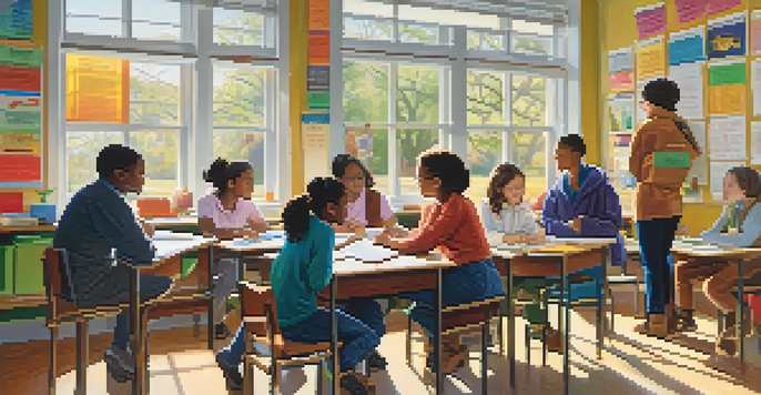 A diverse group of teachers collaborating in a classroom filled with educational materials and student artwork, illuminated by soft sunlight.
