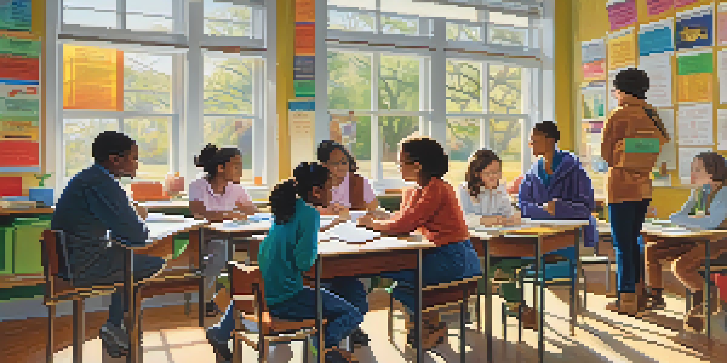A diverse group of teachers collaborating in a classroom filled with educational materials and student artwork, illuminated by soft sunlight.