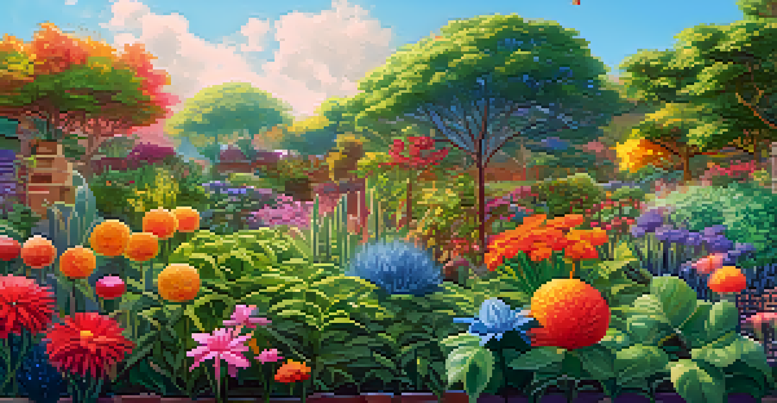 A digital garden with diverse plants symbolizing inclusivity in education, under a bright blue sky with gentle sunlight.