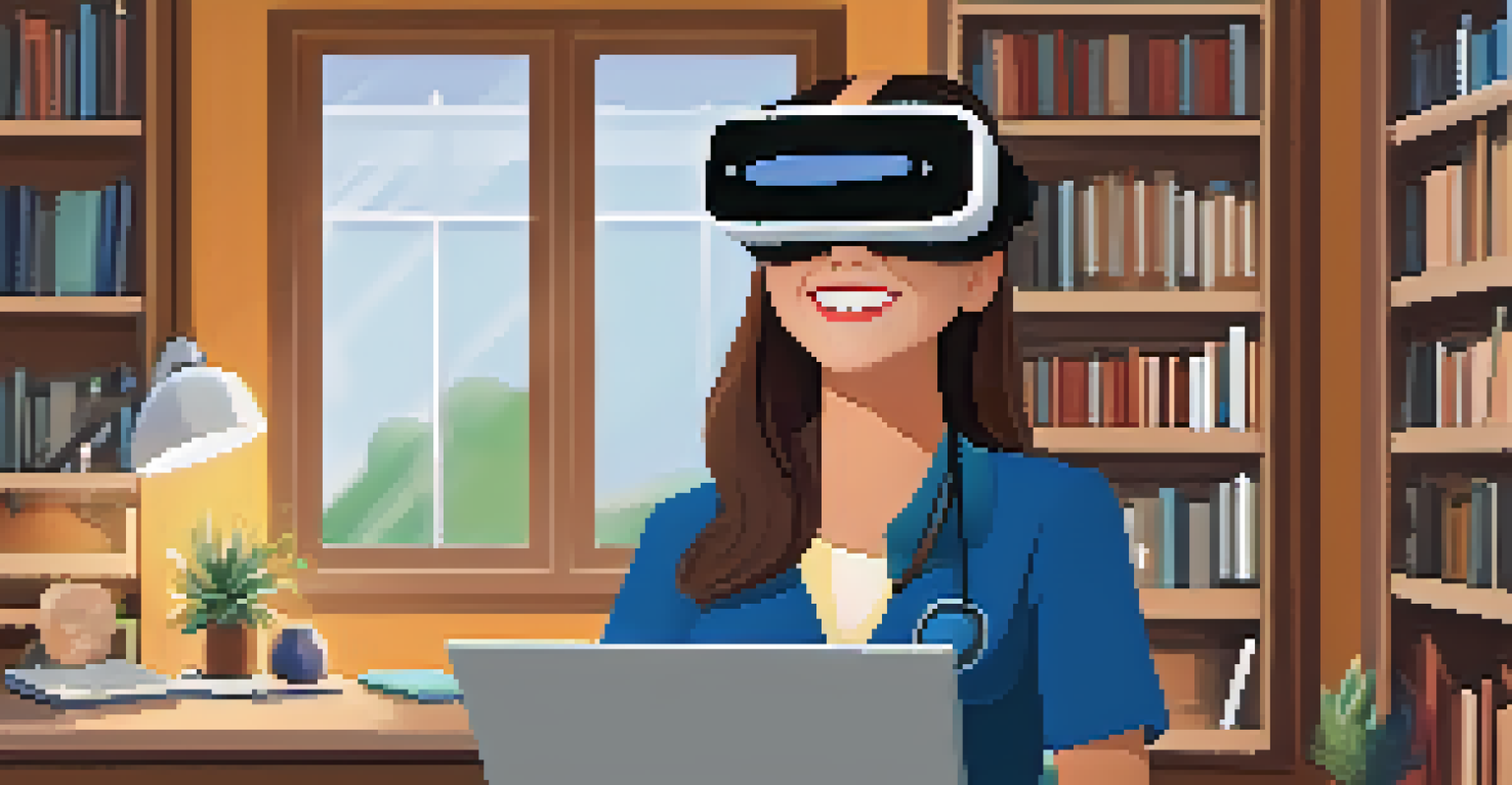 An educator in a cozy home office holding a VR headset, demonstrating its use for remote learning with a laptop showing a virtual classroom.