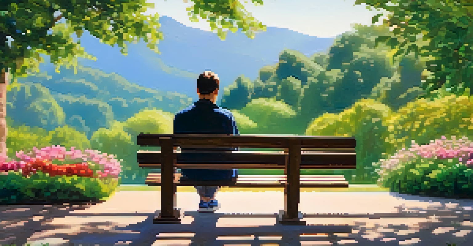 A person sitting on a park bench, reviewing their credit report amidst lush greenery and colorful flowers.