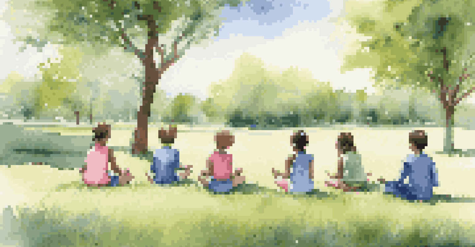 Children practicing mindfulness in a peaceful outdoor setting, sitting on grass with trees and a blue sky in the background.