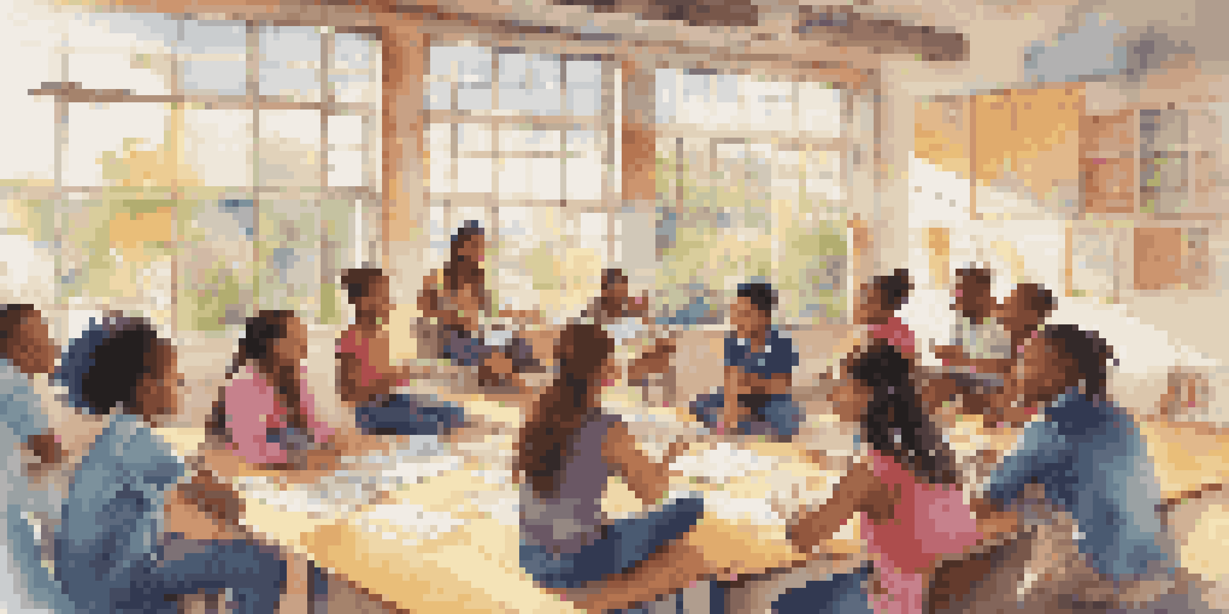 A diverse group of students sitting in a circle, engaged in a lively discussion in a bright classroom filled with educational posters.