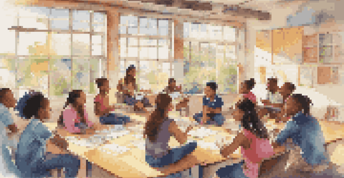 A diverse group of students sitting in a circle, engaged in a lively discussion in a bright classroom filled with educational posters.