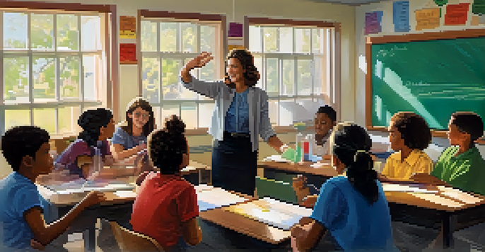 A teacher demonstrating a science experiment in a colorful classroom with engaged students watching and taking notes.