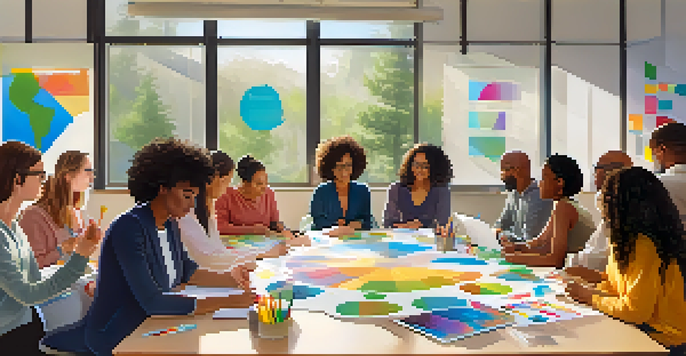 A group of diverse educators participating in a professional development workshop in a bright classroom, discussing around a table with charts and technology.