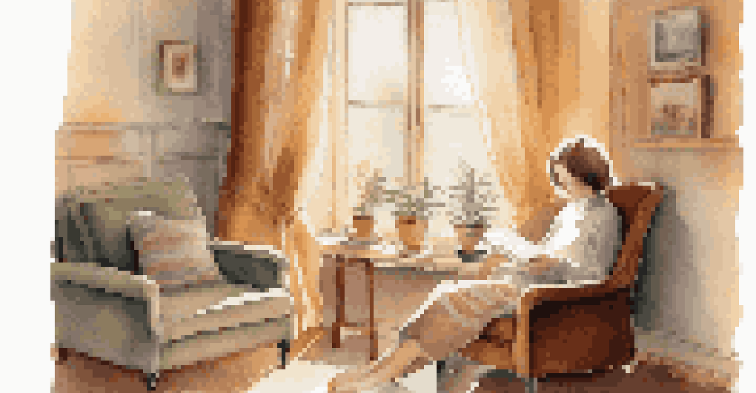 A person in a cozy armchair with a cup of tea, looking out a window, surrounded by a notebook and pencil, contemplating.