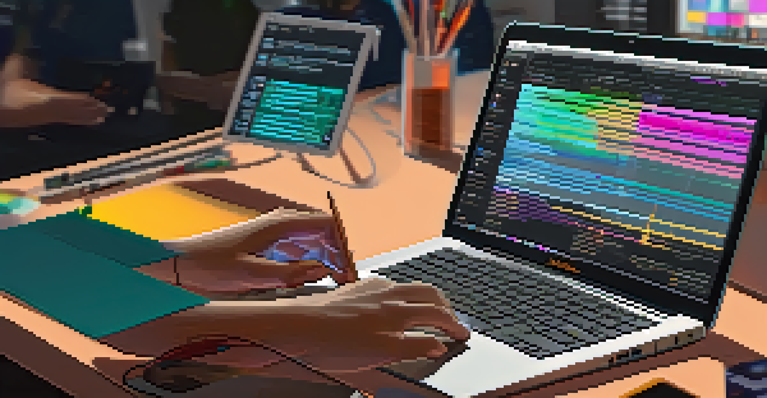 Close-up of a student's hands on a laptop, coding a game with colorful graphics on the screen, surrounded by notes and tools in a softly lit workspace.