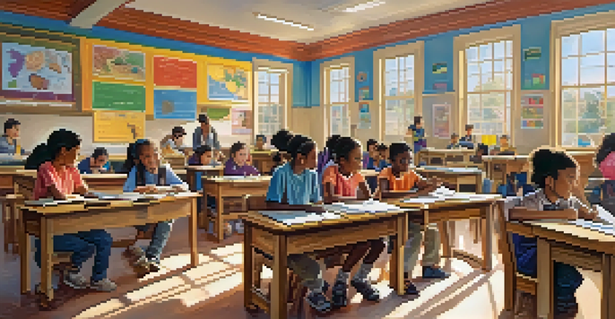 A diverse group of students participating in a collaborative classroom activity, surrounded by educational materials and natural light.