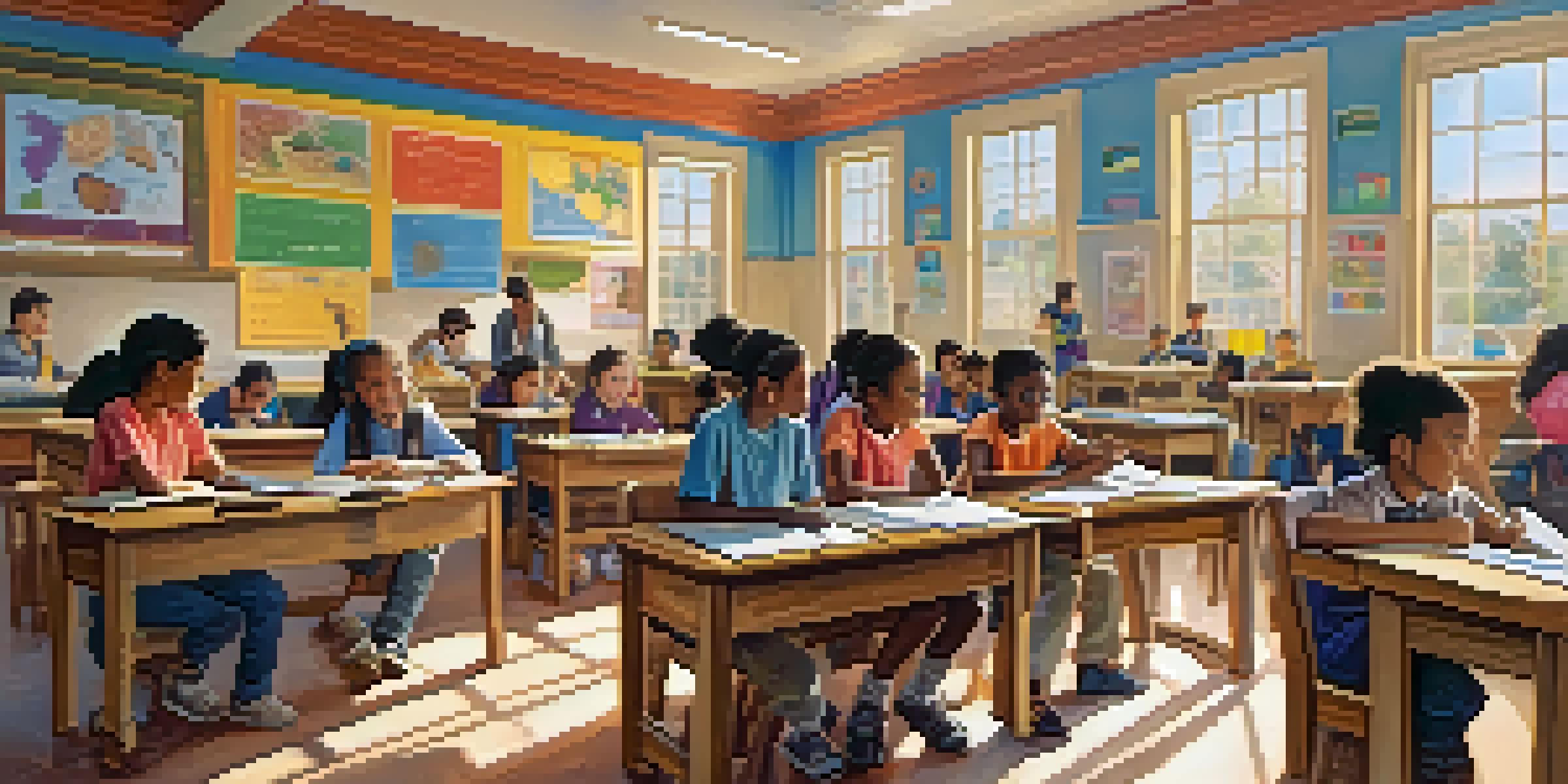 A diverse group of students participating in a collaborative classroom activity, surrounded by educational materials and natural light.