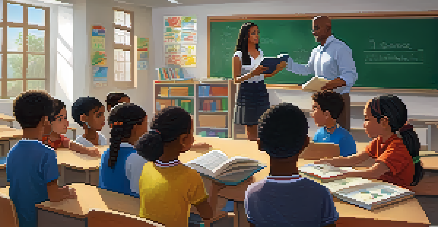 A teacher presenting multicultural literature to an attentive class, with colorful decorations and a variety of cultural symbols.