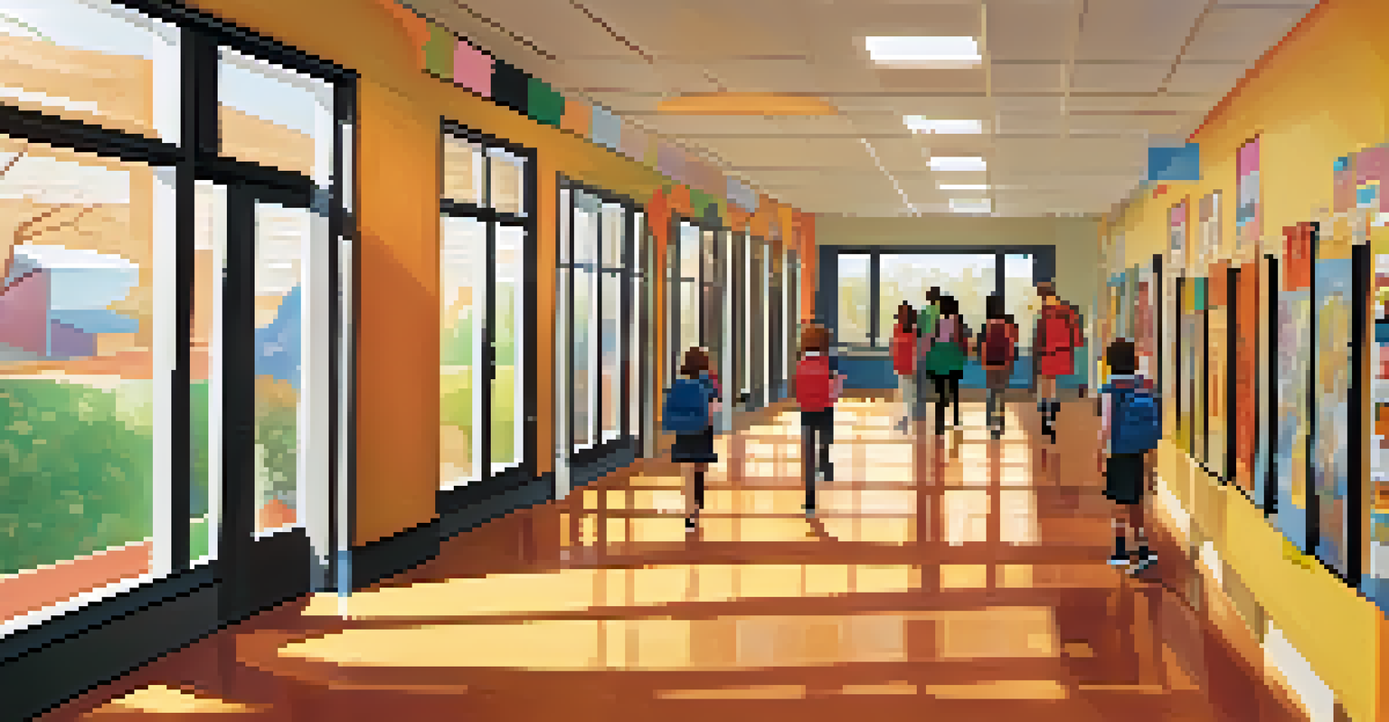 A colorful school hallway filled with student artwork and motivational quotes, showcasing a sense of community.
