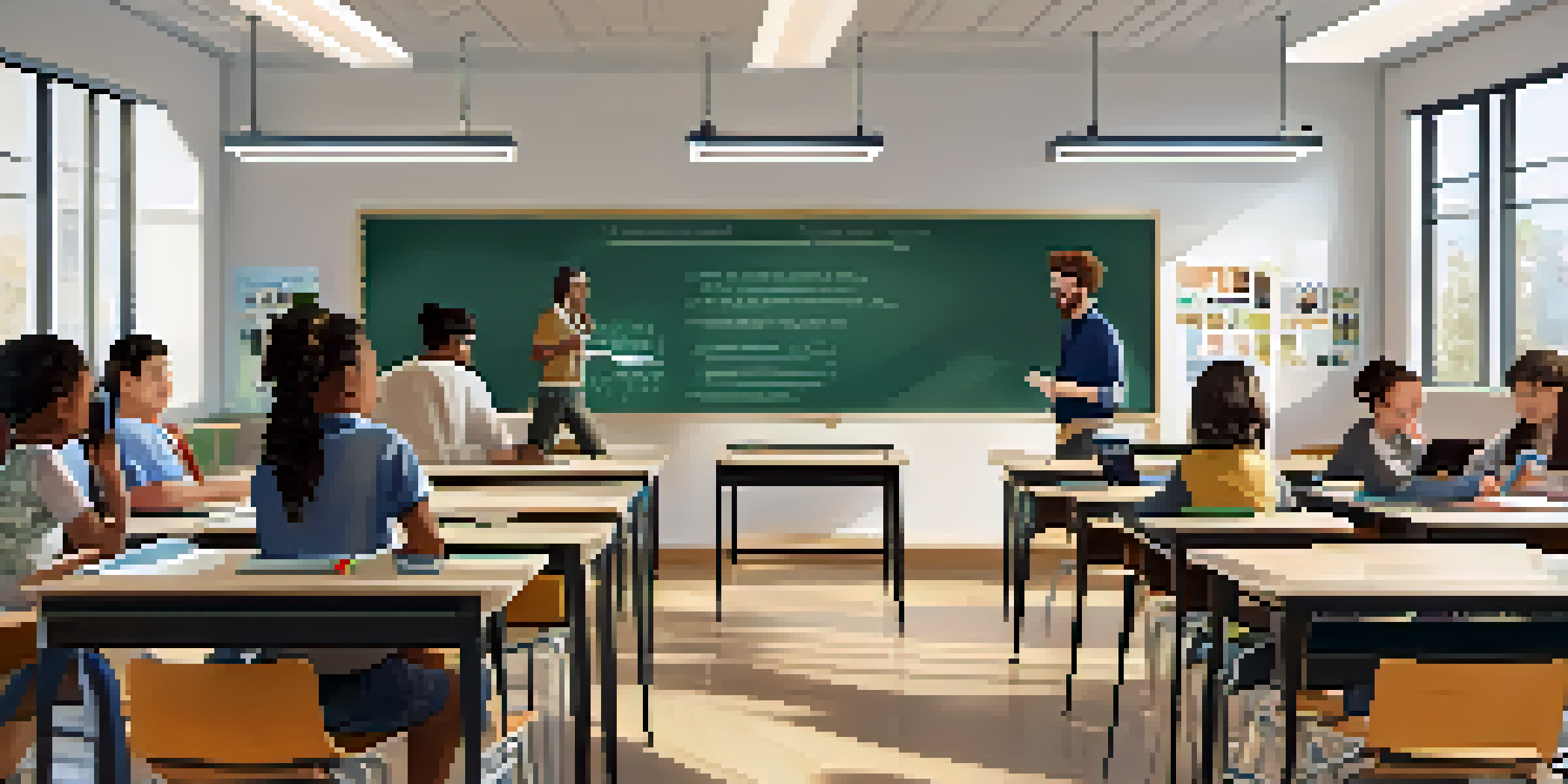 A colorful classroom setting with students collaborating on projects using technology, bright natural light, and educational decorations on the walls.