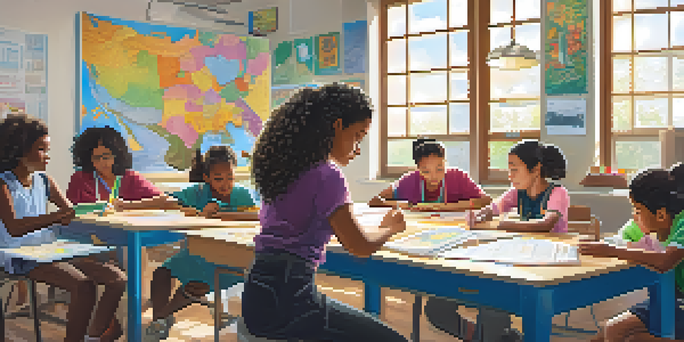 A diverse group of students from different ethnic backgrounds working together in a bright classroom, with a teacher guiding them.