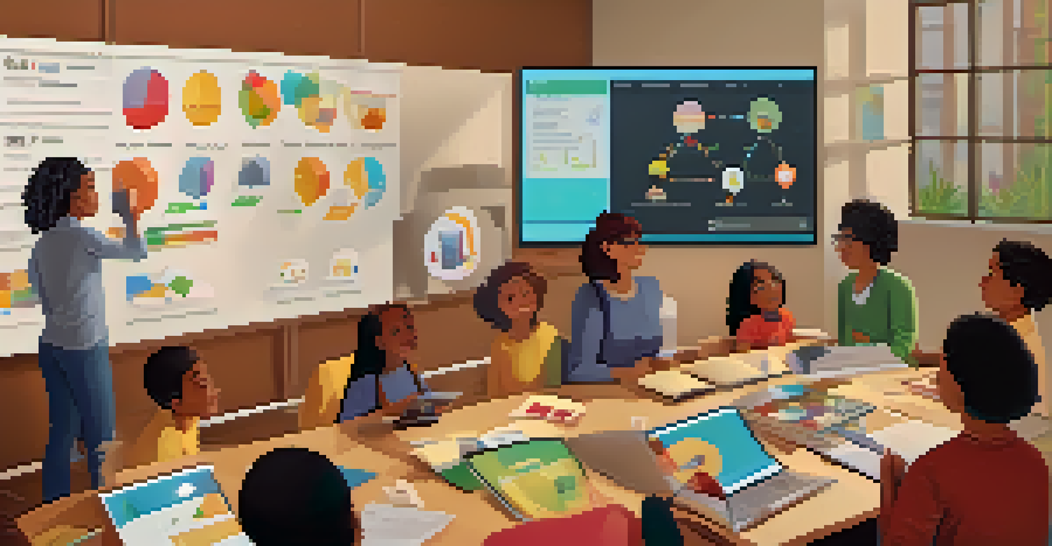 A virtual classroom scene with educators and students interacting through video conferencing on a colorful interface.