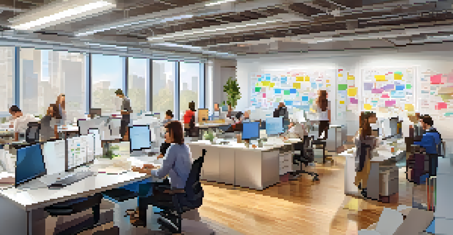 An open office space with employees brainstorming and discussing ideas around whiteboards filled with notes.