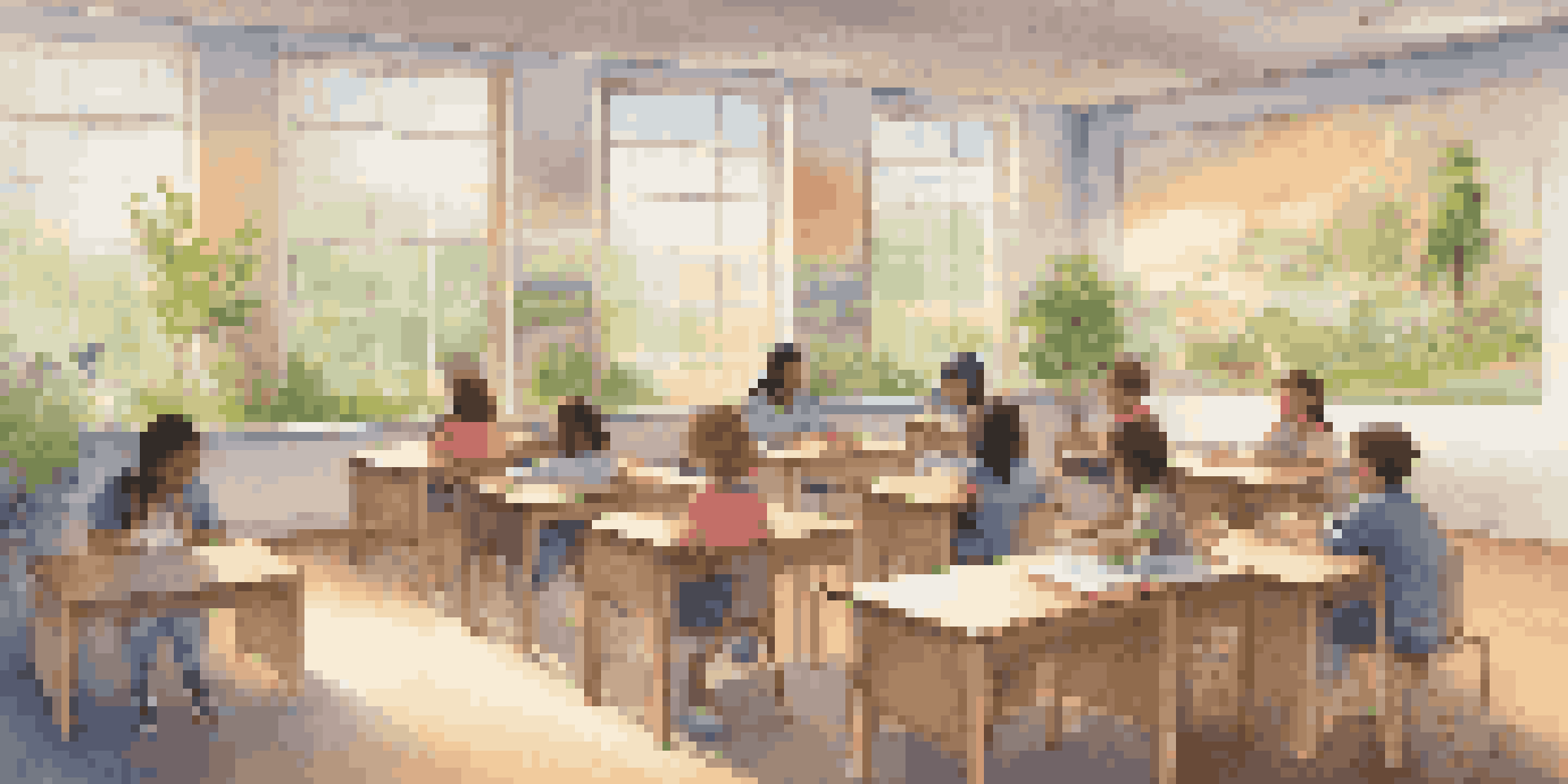 A tranquil classroom with students practicing mindfulness, surrounded by soft lighting and nature-inspired decor.