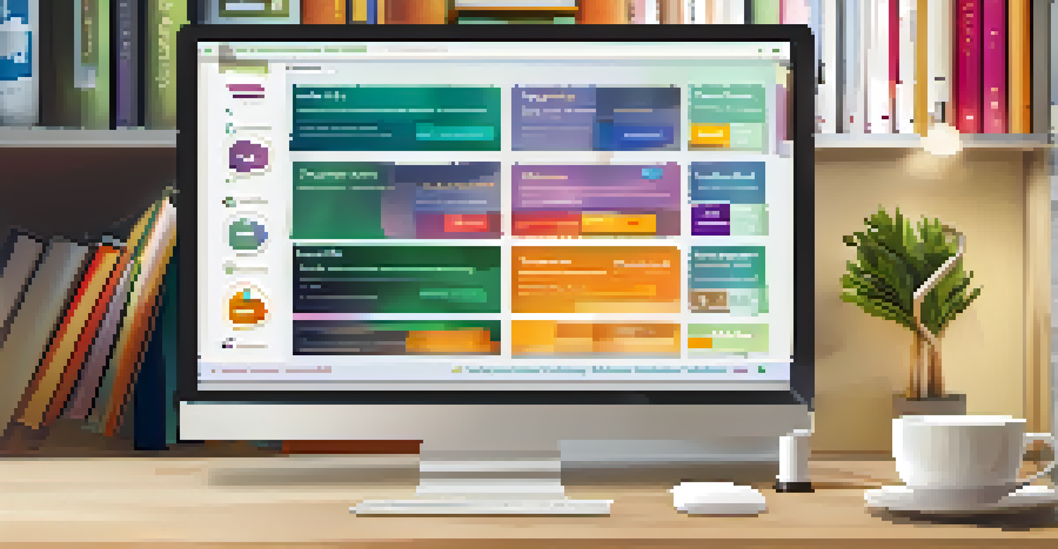 A laptop displaying an interactive online learning platform with quizzes and videos, set in a cozy home study environment.