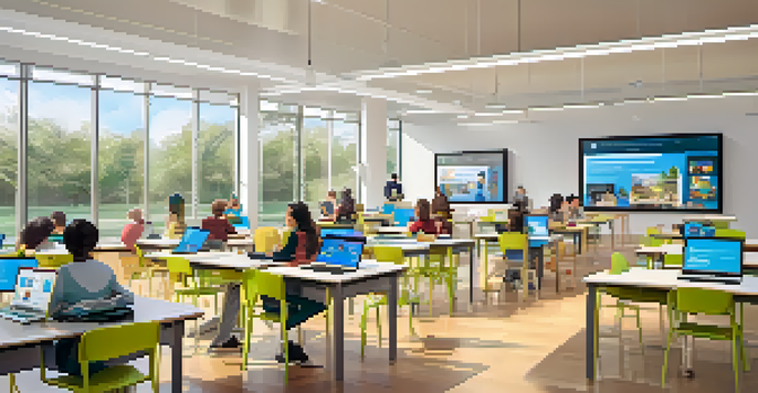 A bright and modern classroom with students participating in blended learning, some using laptops and others in discussion.