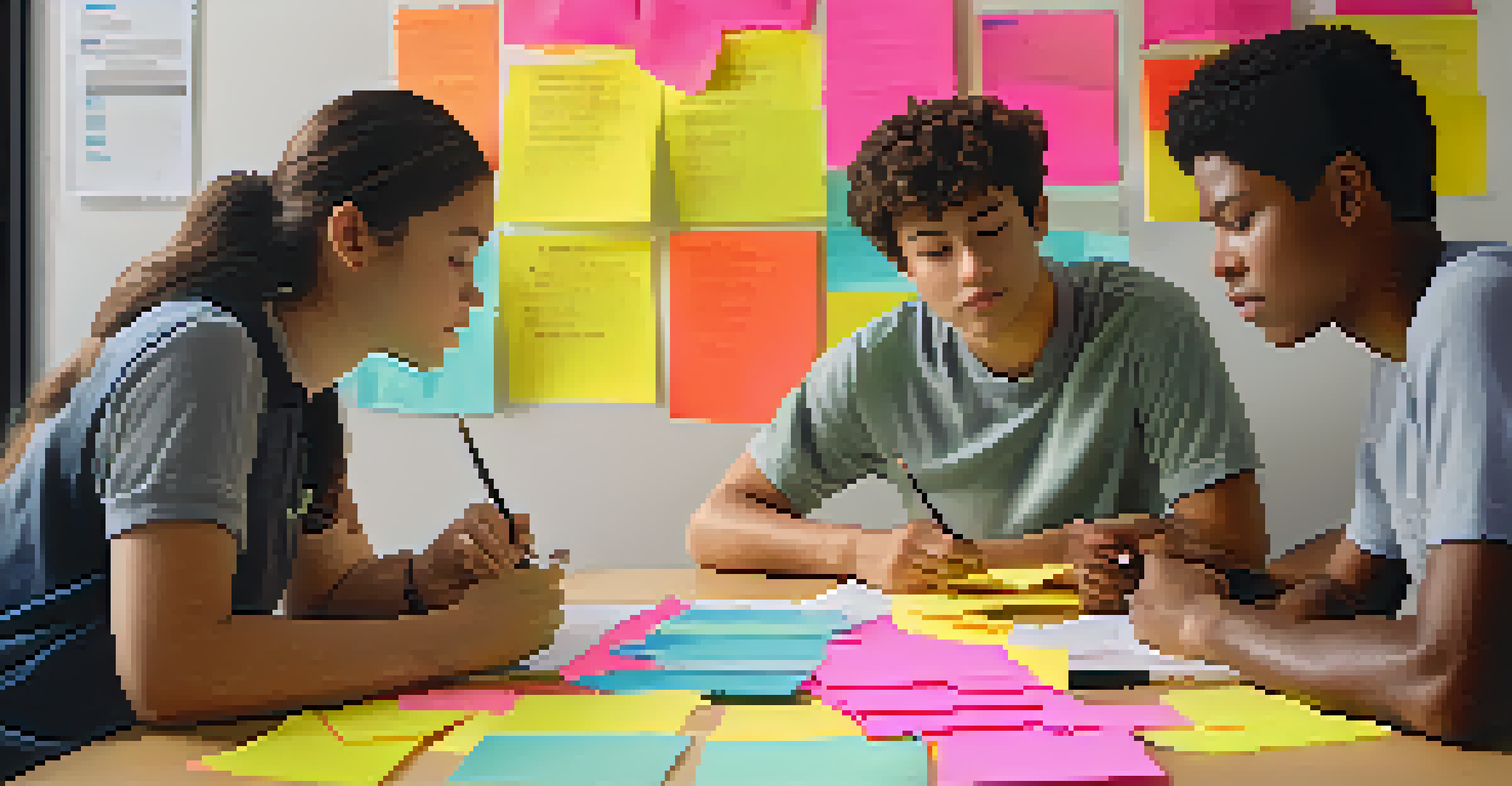 Students engaged in providing peer feedback with sticky notes and feedback sheets on the table, fostering a collaborative learning environment.