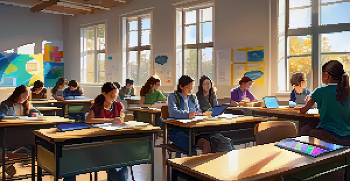 A lively classroom with students engaged in group discussions and using technology for interactive assessments, with bright sunlight illuminating the room.
