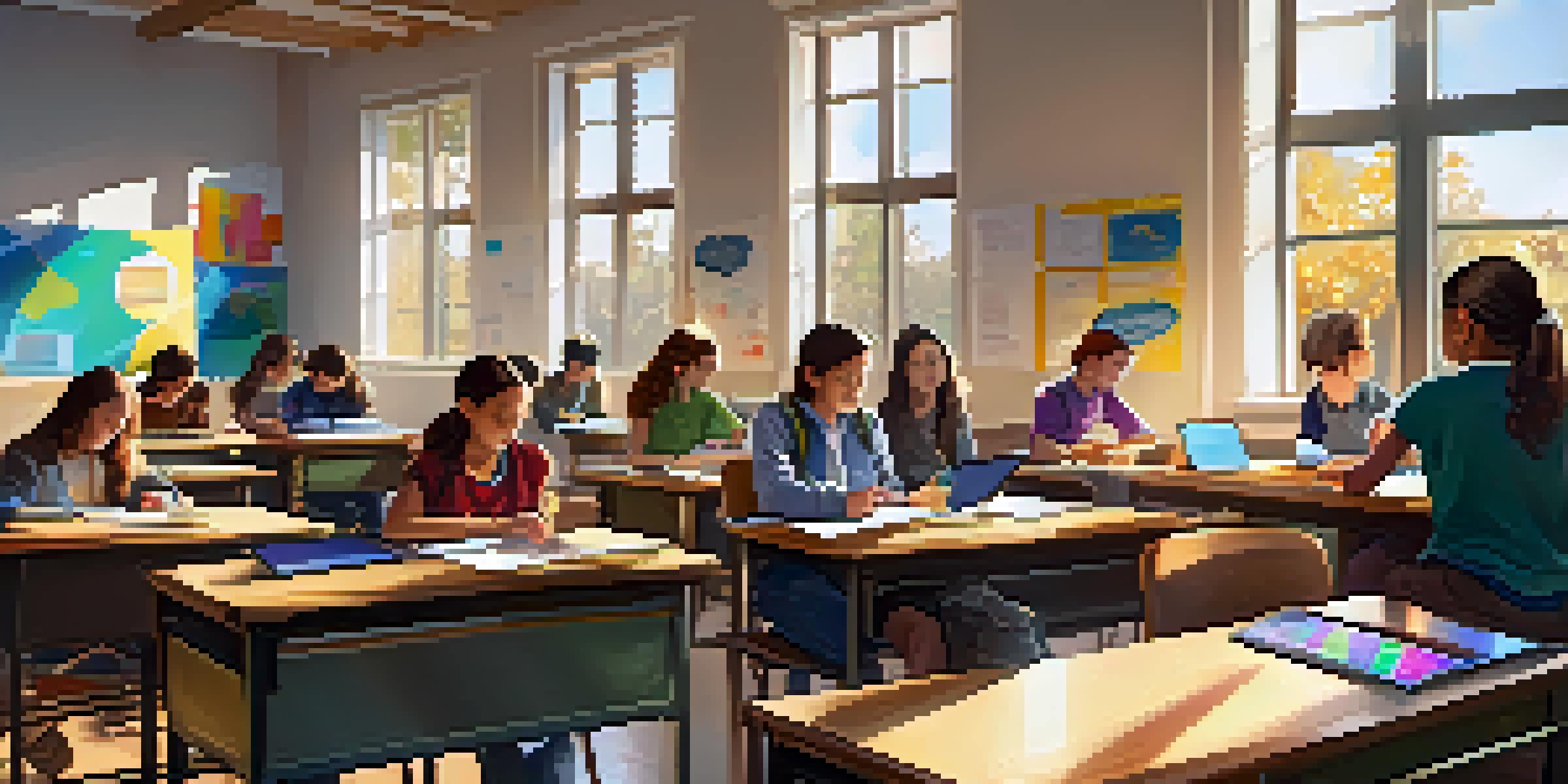 A lively classroom with students engaged in group discussions and using technology for interactive assessments, with bright sunlight illuminating the room.