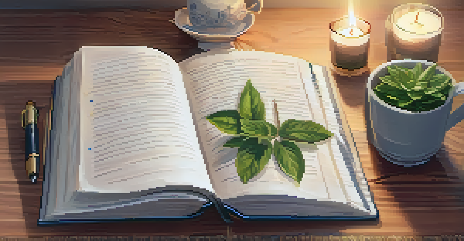 A gratitude journal on a desk, with handwritten notes and a cup of tea beside it.