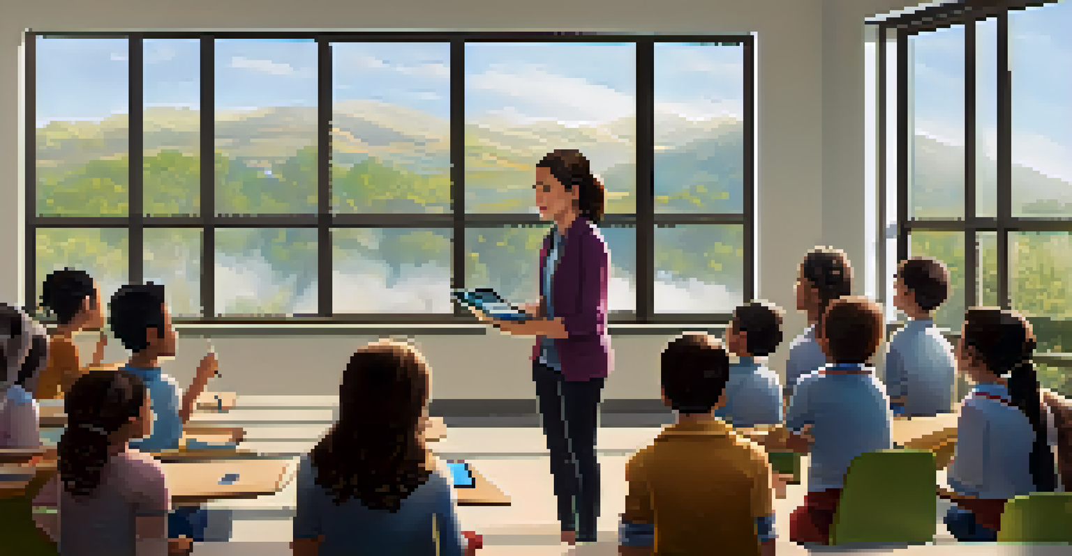 An ESL teacher using technology in the classroom with students engaged in language learning activities on tablets.