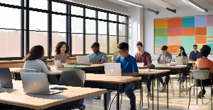 A bright modern classroom with diverse teacher trainees engaged in blended learning, discussing in groups with laptops and a digital screen displaying materials.