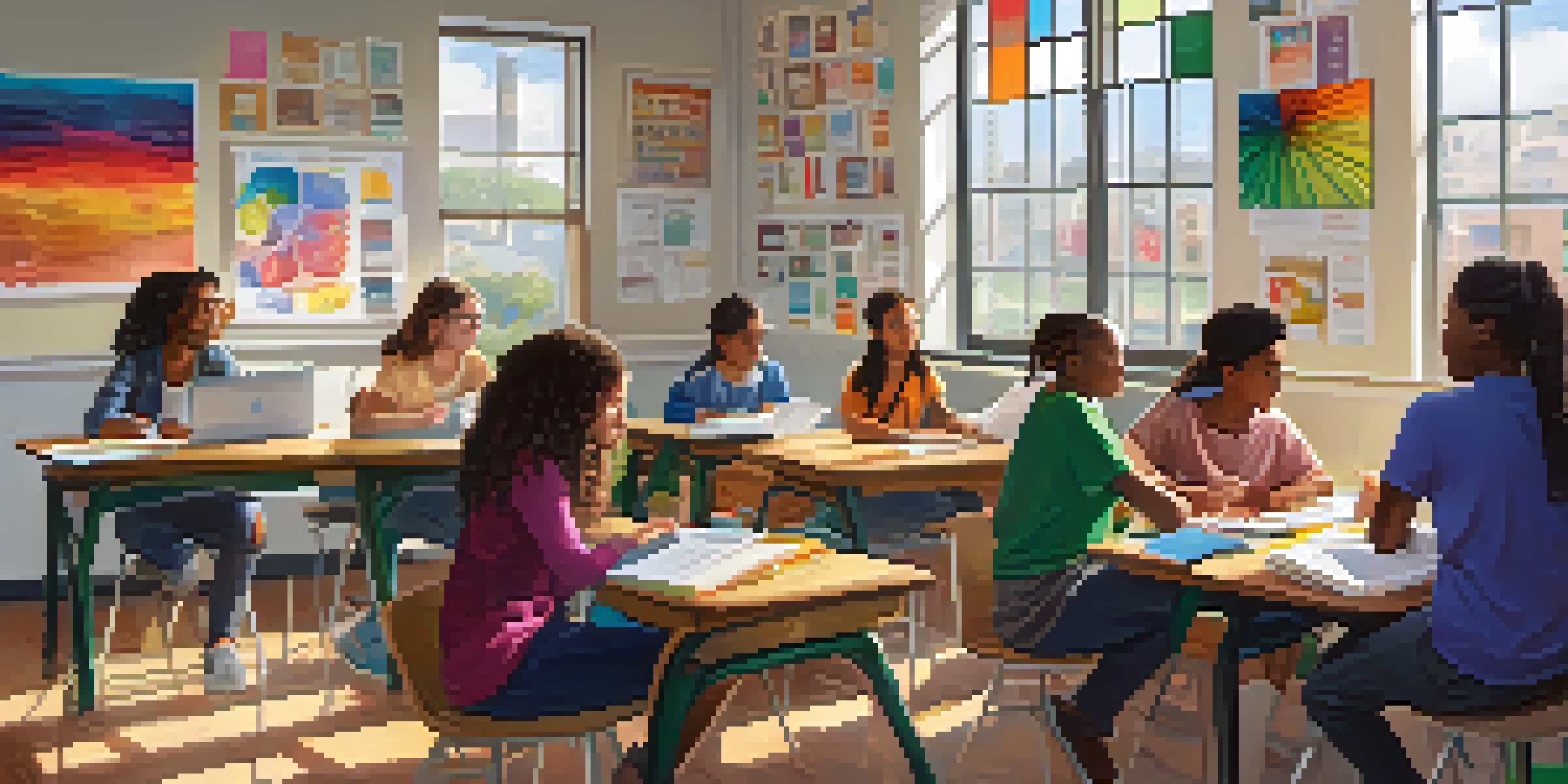 A classroom filled with diverse students collaborating on a project, with a teacher guiding them.