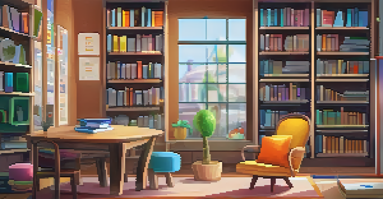 An educational app interface showcasing a gamified learning experience with colorful badges and points, set in a cozy study environment with bookshelves.