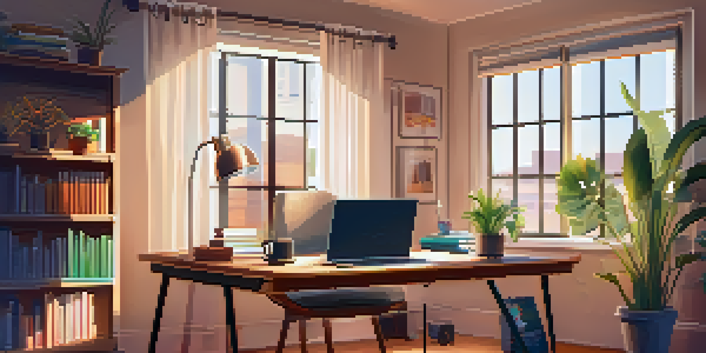 A cozy home office with a wooden desk, laptop displaying a microlearning module, a cup of coffee, potted plant, and colorful books under warm lighting.