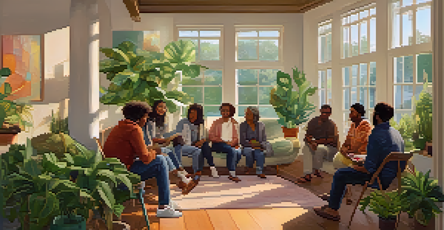 A community forum with individuals engaged in storytelling, creating a supportive and open environment.