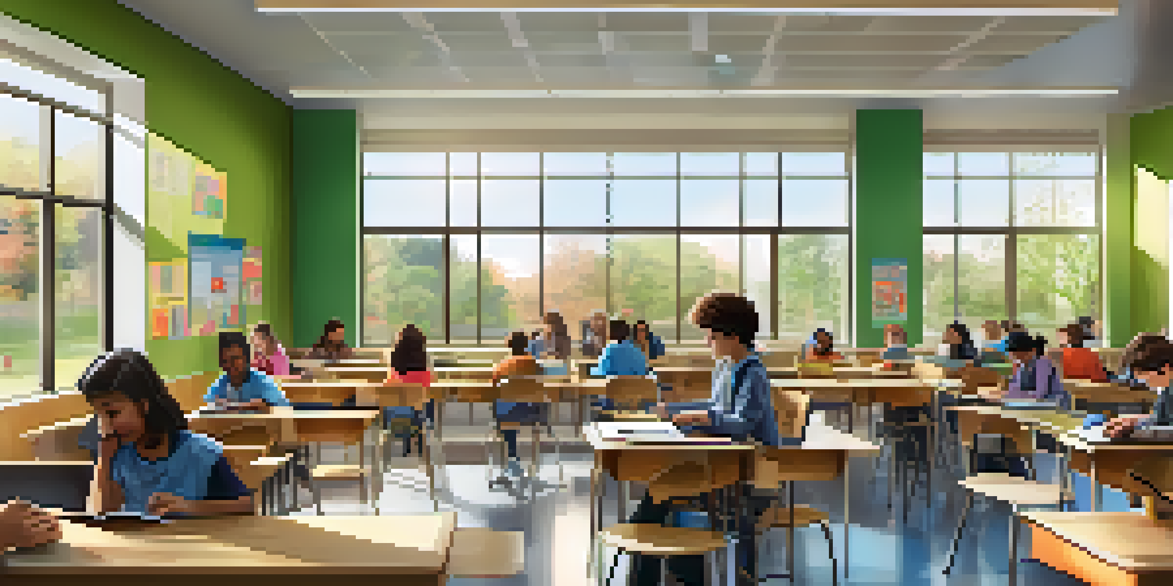 A lively classroom scene with students collaborating at circular desks, using tablets and smart boards, under bright natural light.