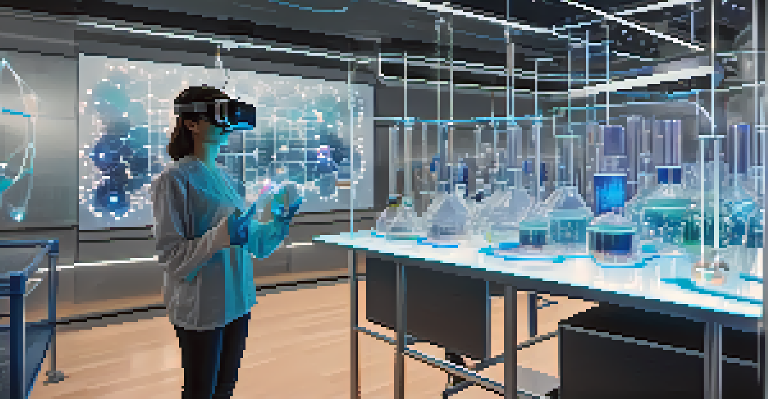 A student using a VR headset in a futuristic chemistry lab, interacting with holograms of molecular structures.