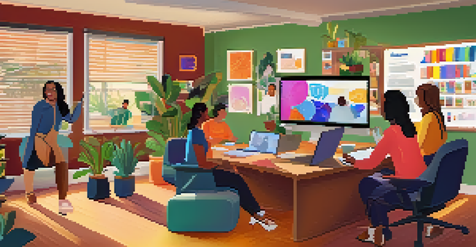 A lively virtual classroom with diverse educators participating in a video call, surrounded by educational materials and plants, highlighting collaboration.