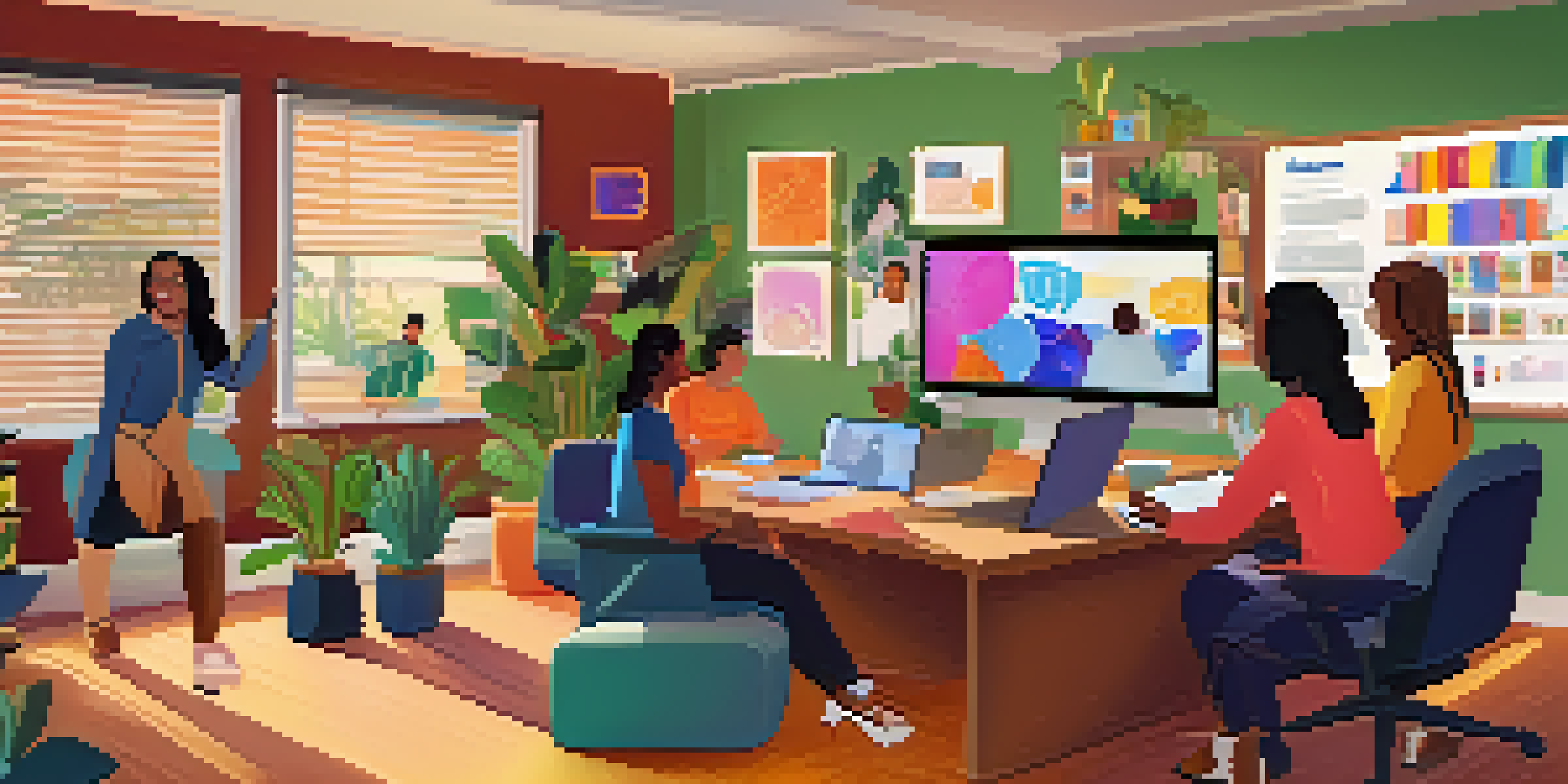 A lively virtual classroom with diverse educators participating in a video call, surrounded by educational materials and plants, highlighting collaboration.