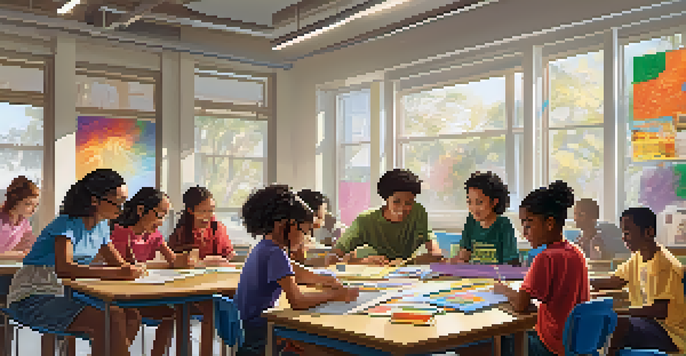 A diverse group of students in a bright classroom collaborating on a project, surrounded by educational posters from various cultures.