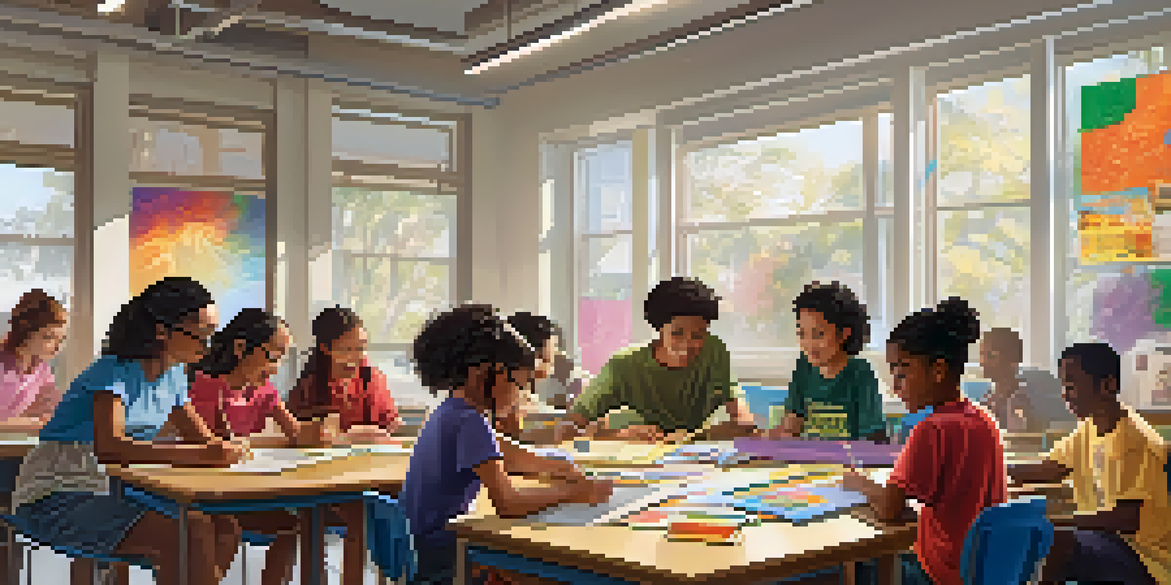 A diverse group of students in a bright classroom collaborating on a project, surrounded by educational posters from various cultures.