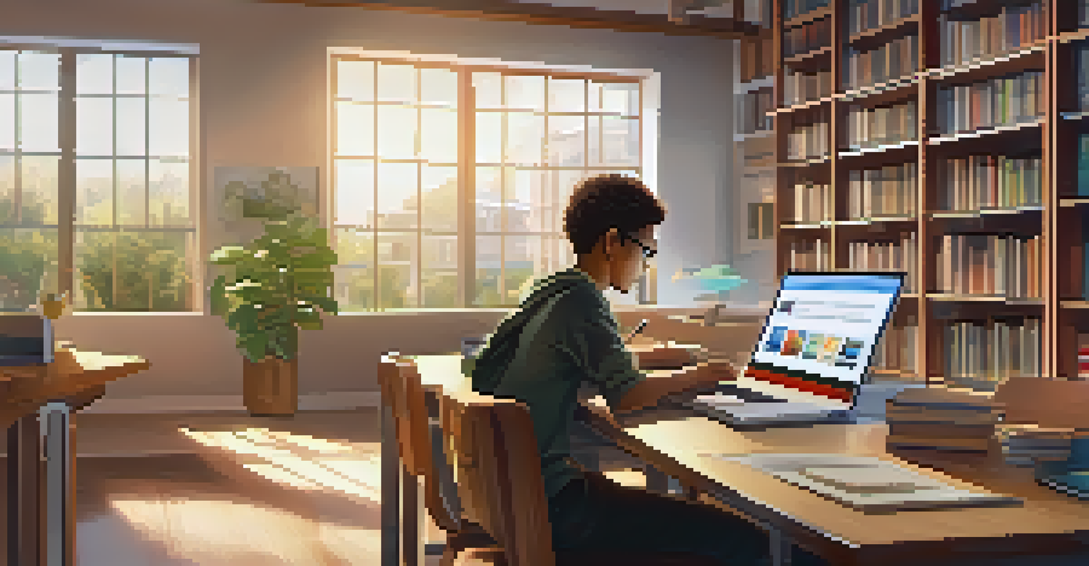 A student focused on a laptop in a comfortable study area with bookshelves and digital learning materials.