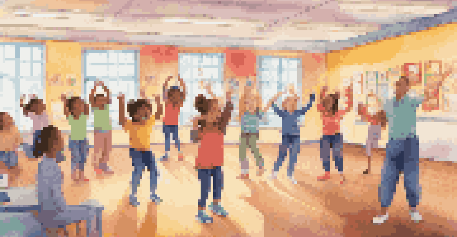 A teacher guiding students through a brain break session in a vibrant classroom, where children are stretching and dancing, creating a fun and active learning environment.