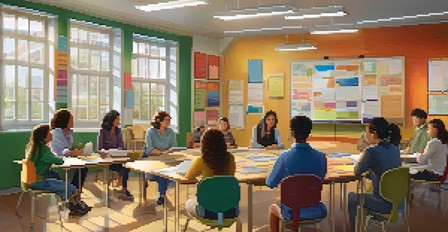 A circle of teachers in a well-lit classroom, engaged in discussion with notebooks and laptops on their desks.