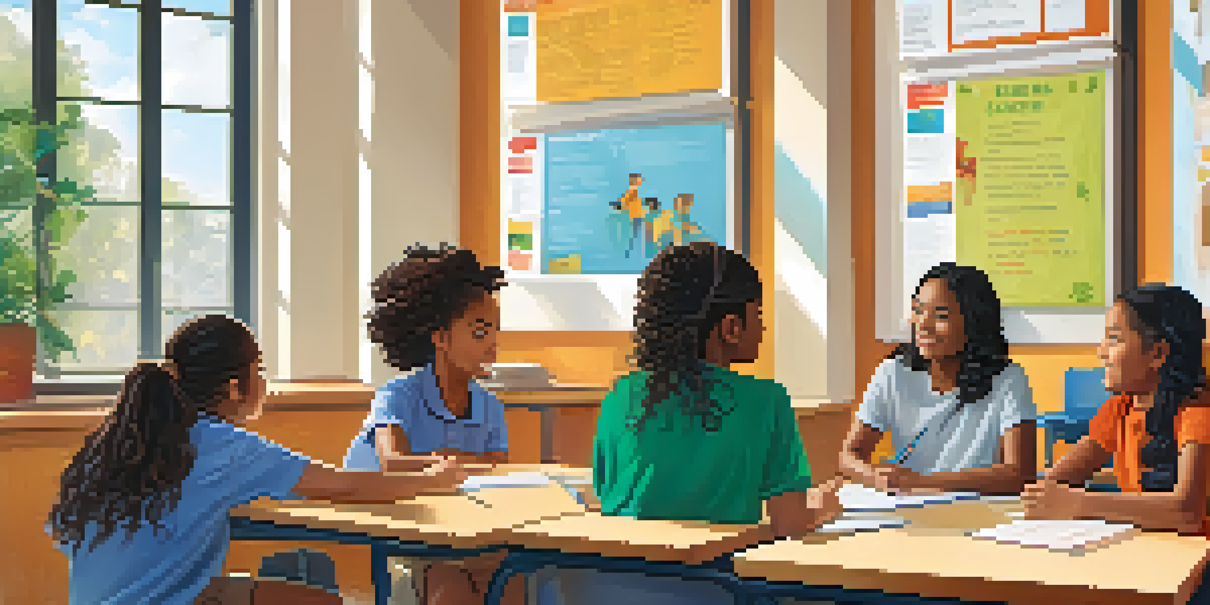 A lively classroom with diverse students discussing together, while a teacher facilitates the conversation, with educational posters on the walls and natural light coming through the windows.