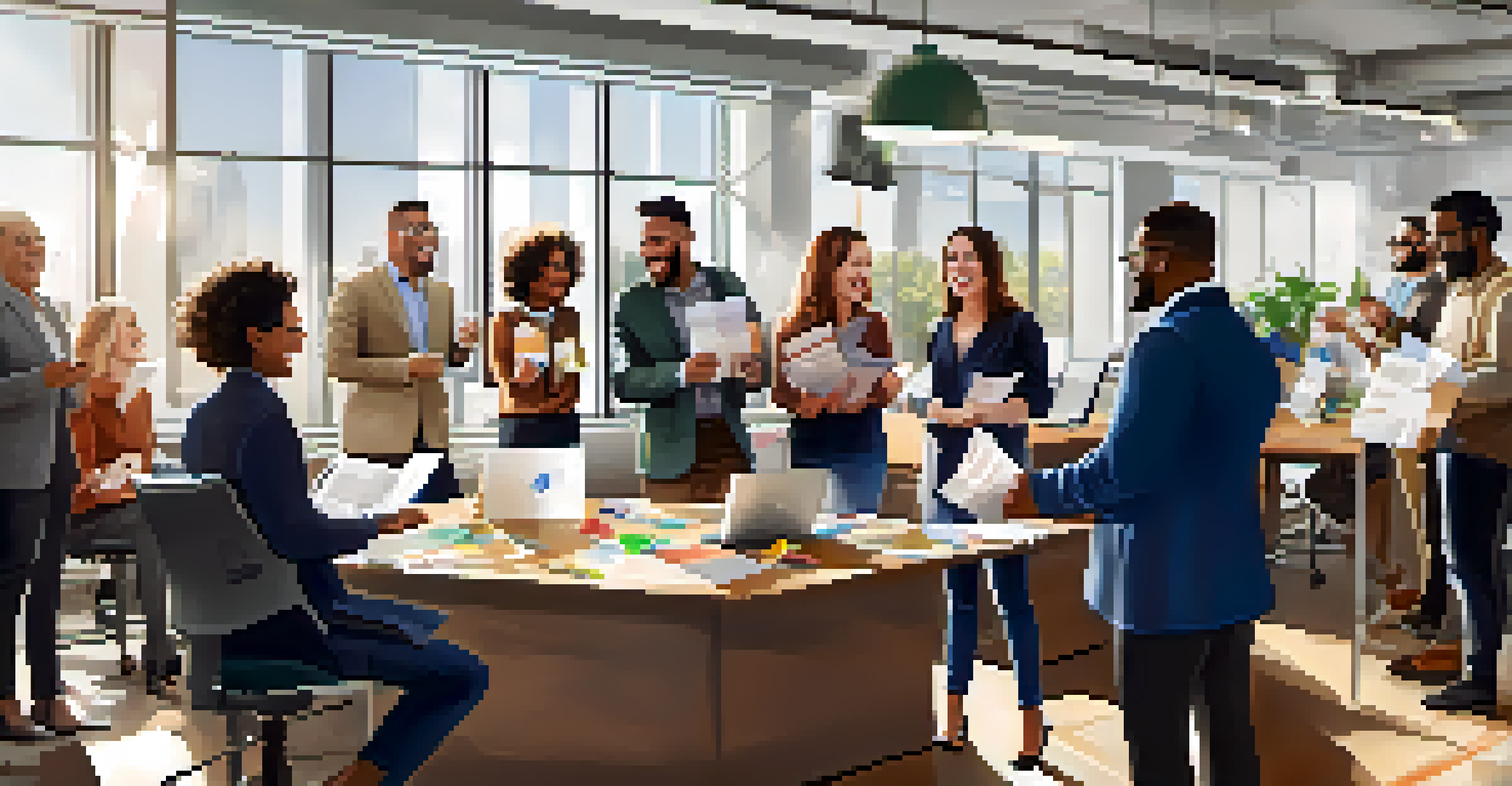 A diverse group of professionals celebrating their achievement of earning Open Badges in a modern office.