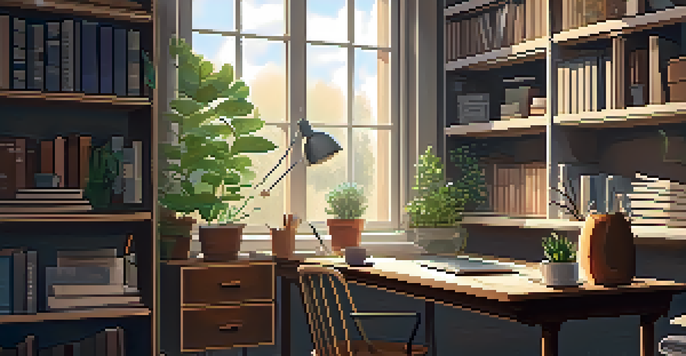 A cozy home office with a desk, laptop, books, and plants illuminated by soft natural light.