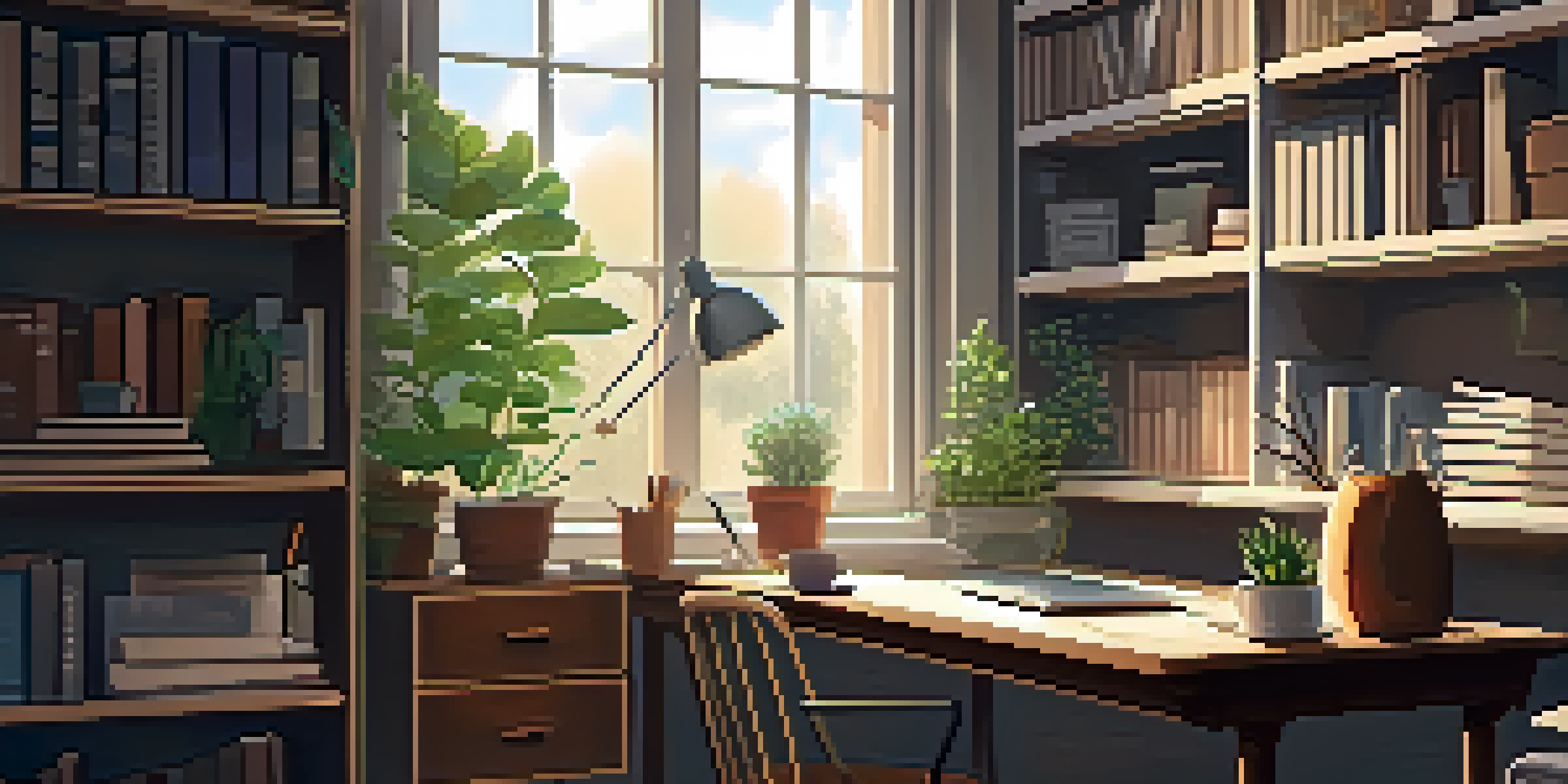 A cozy home office with a desk, laptop, books, and plants illuminated by soft natural light.