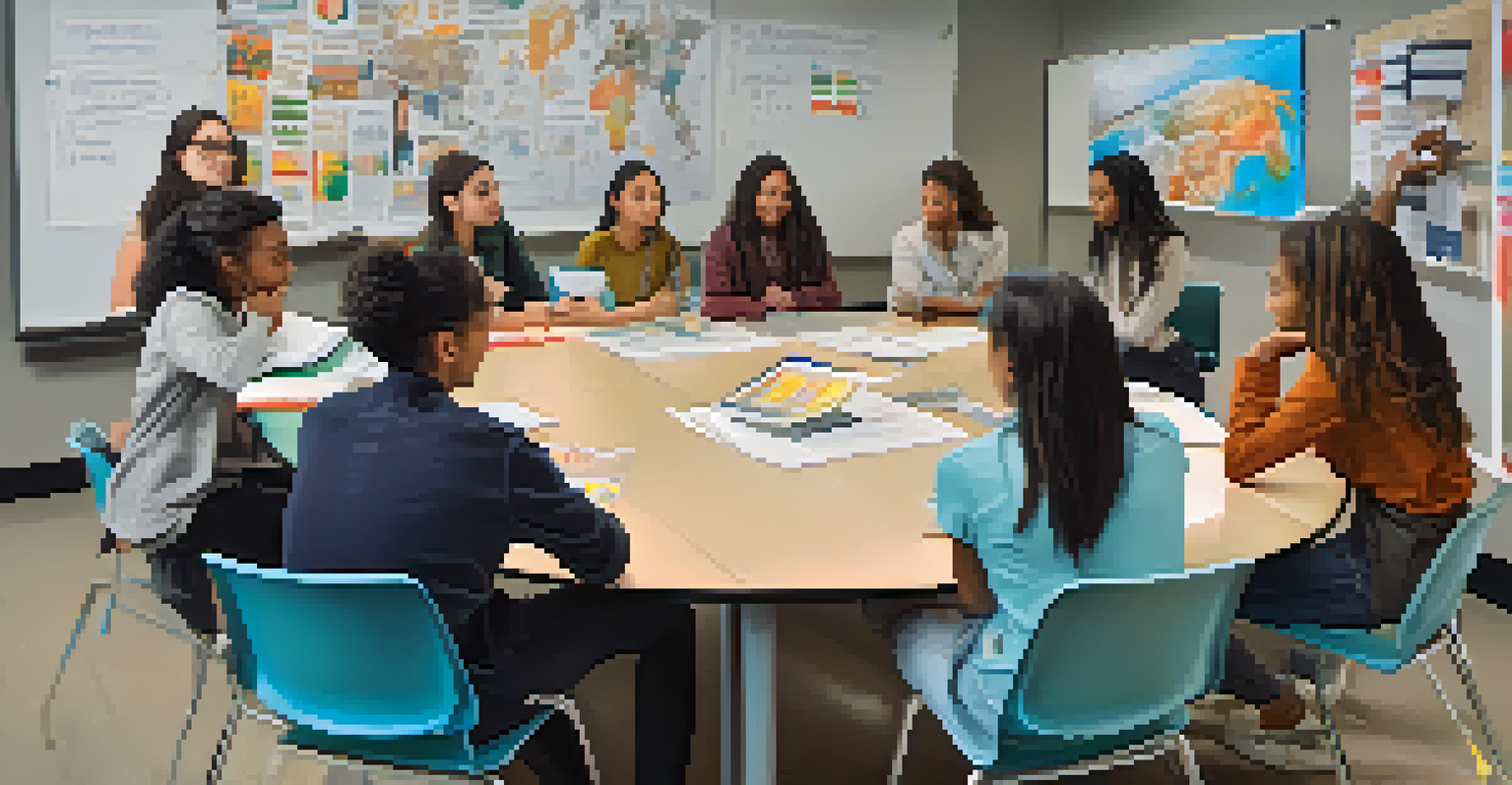 A diverse group of students discussing a worked example at a whiteboard in a lively classroom setting.